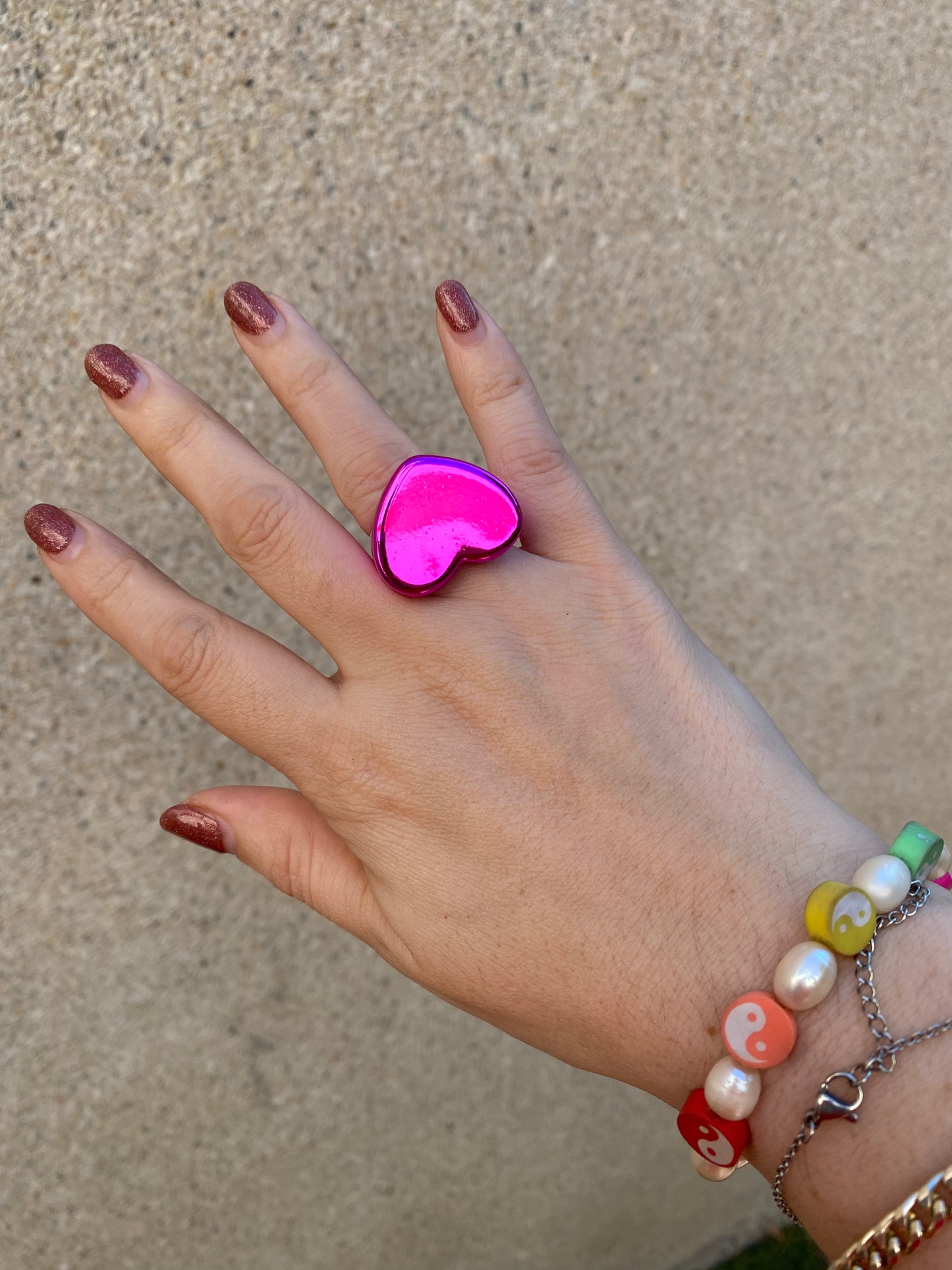 Pink Heart Metallic Chunky Ring